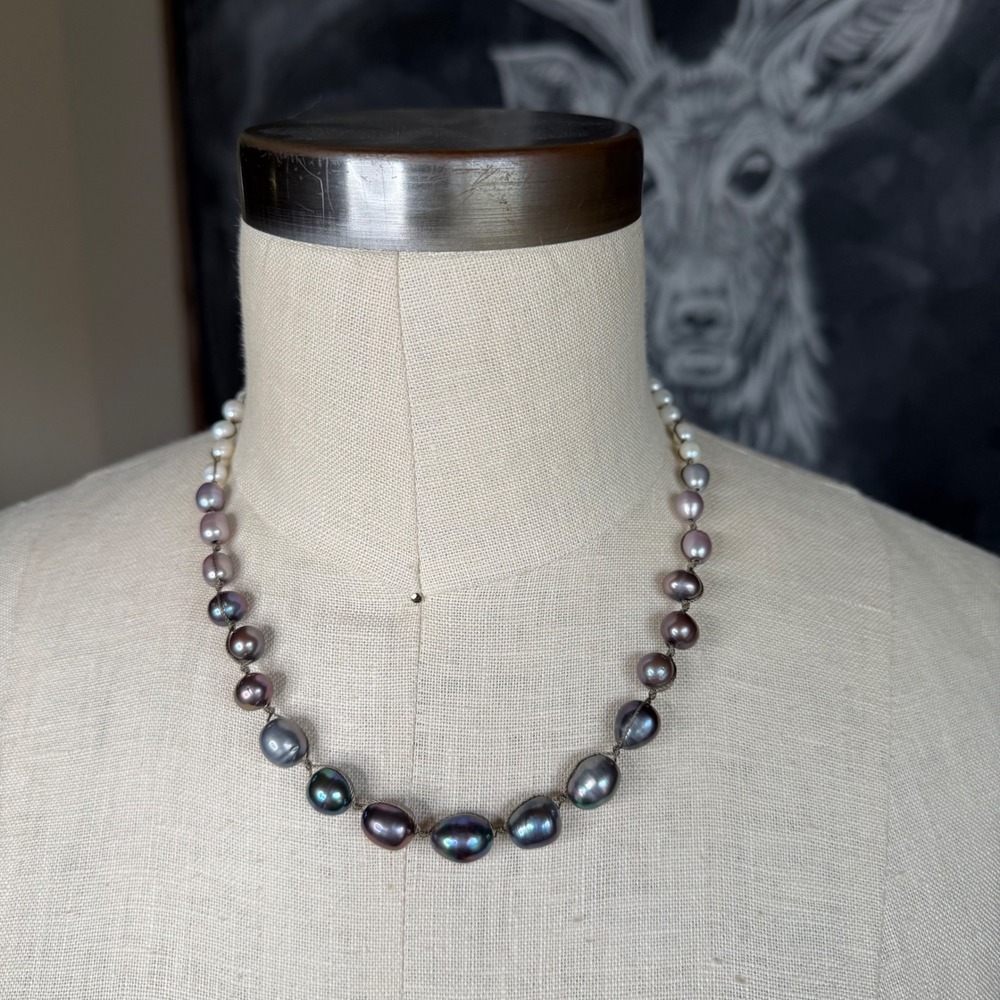 PEYOTE BIRD Free Spirit Multi Pearl Sterling Silver Necklace Ombre Grey NWT